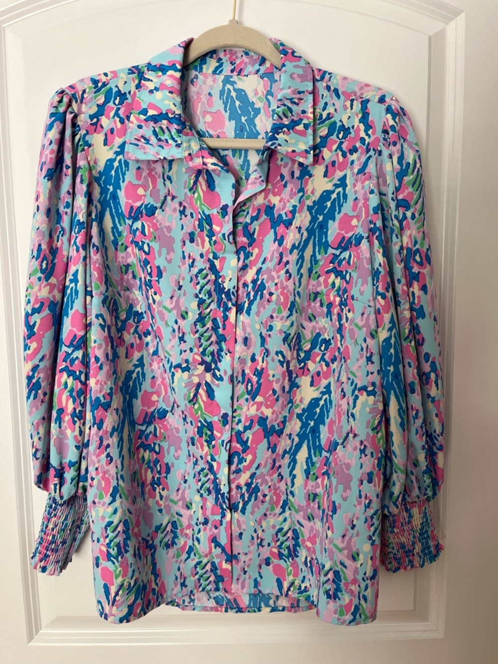 Source Unknown Pastel Abstract Button-Front Blouse in Pink, Blue & Mint
